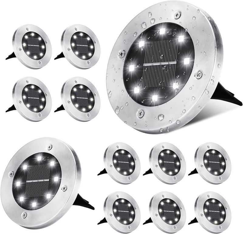ODEETRONIC Solar Ground Lights, 12 Packs 8 LED Solar Disk Lights, Outdoor in-ground Light Waterproof, Round Solar-Powered Puck Light Flat Lamps for Landscape Pathway Yard Garden Walkway, Cool White - Image 1